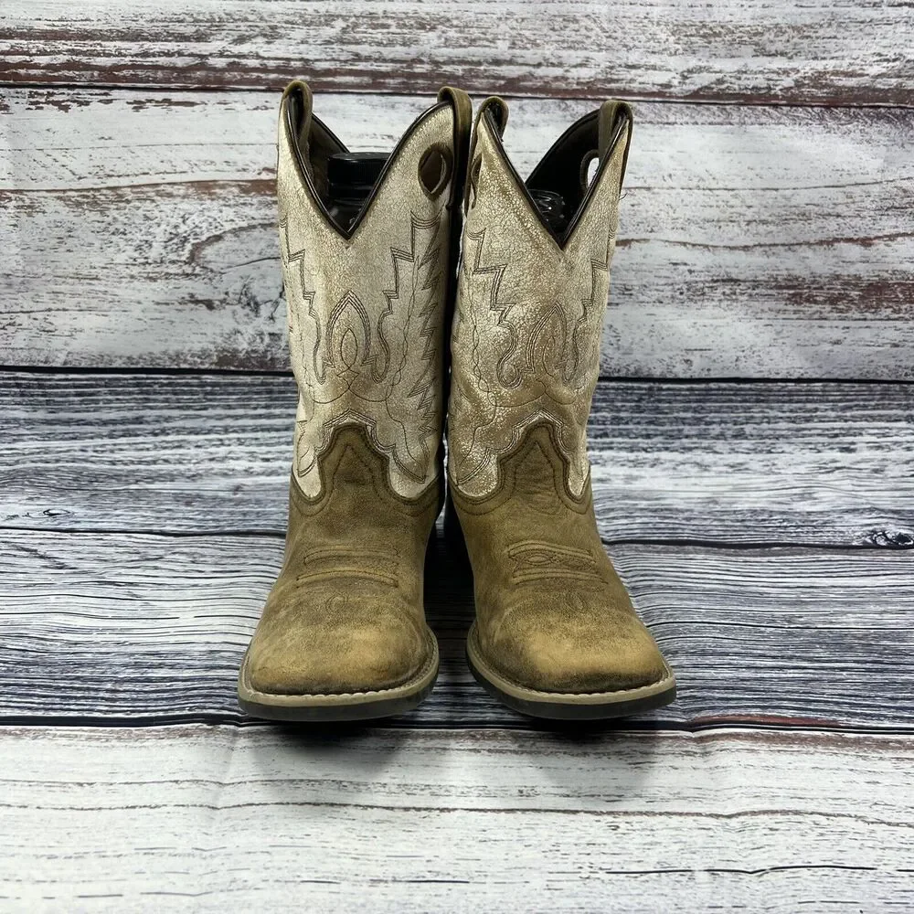 Smoky Mountain Boots Drifter  Brown & White Leather Square Toe Western, Youth 5